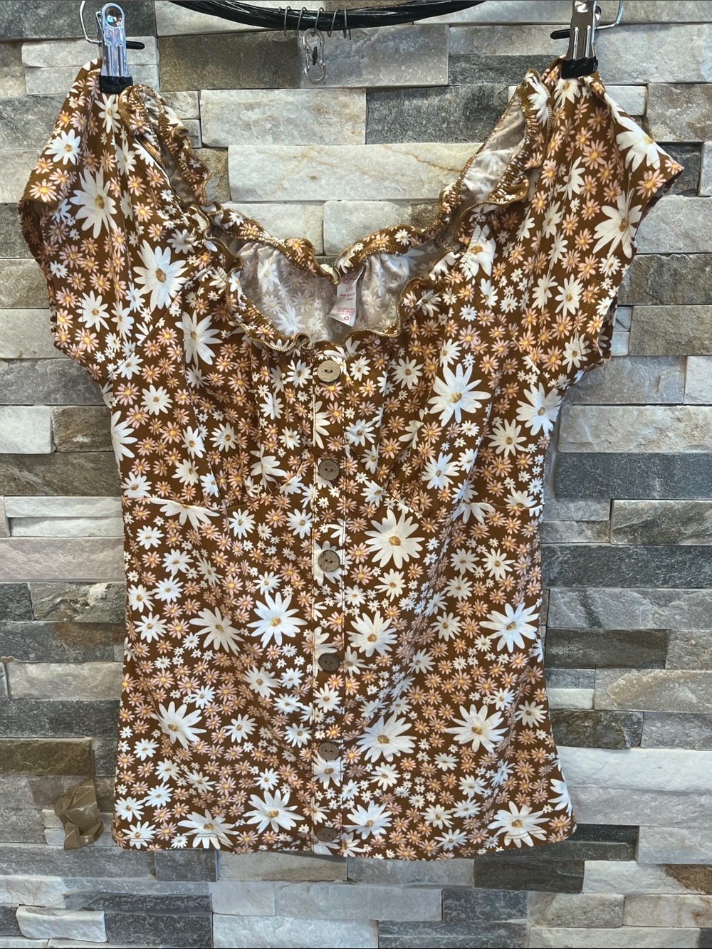 No Boundaries Brown Floral Button-Front Ruffle Neck Top
